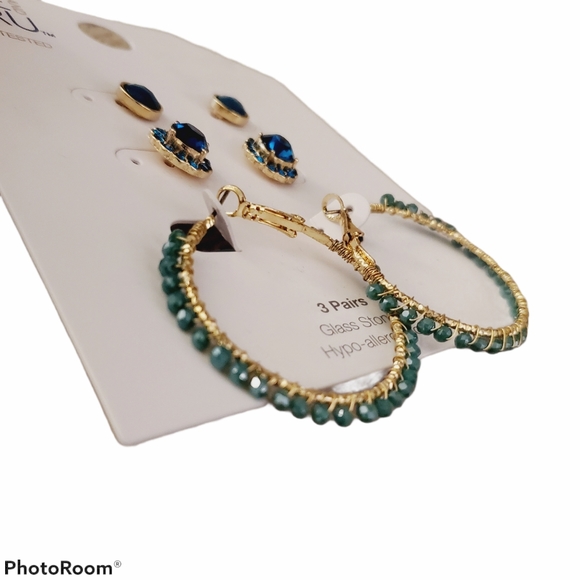 NEW Time and Tru Trio Set of Green and Gold Earrings - Picture 2 of 6